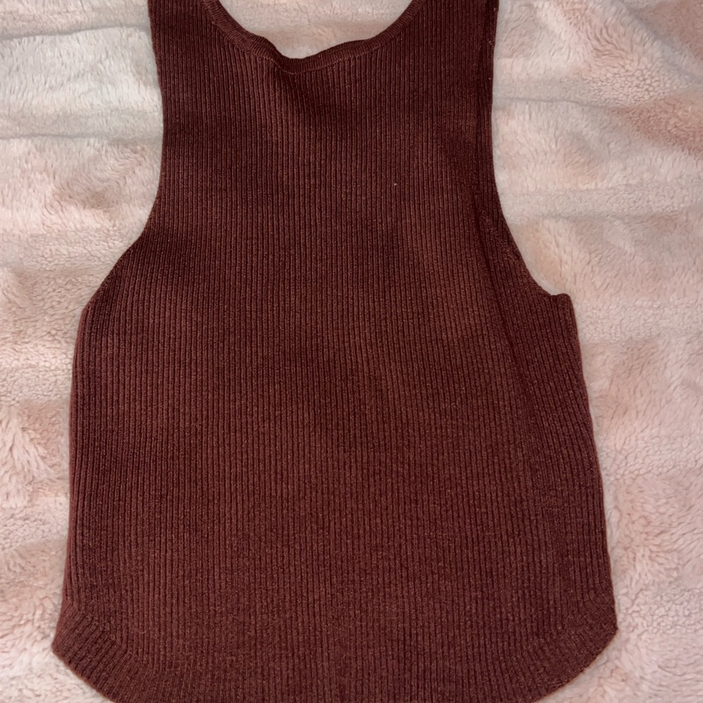 NWOT Brown Ribbed High Neck Tank Top | Fitted Stretch Sleeveless Basic | M